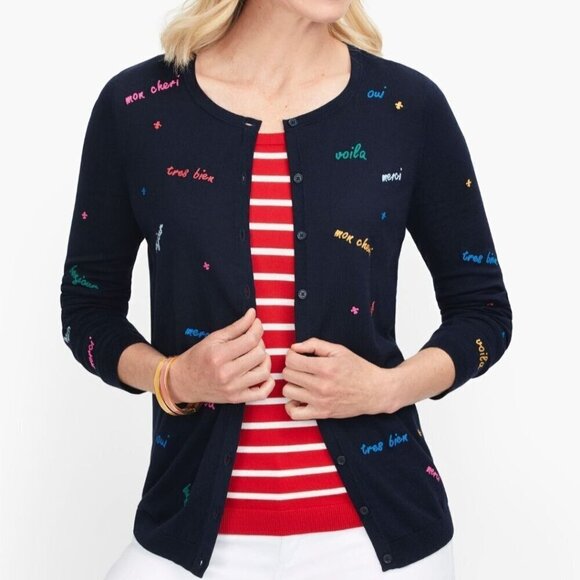 Talbots Charming Embroidered Navy Novelty Cardigan Sweater Size Sp - Picture 1 of 8